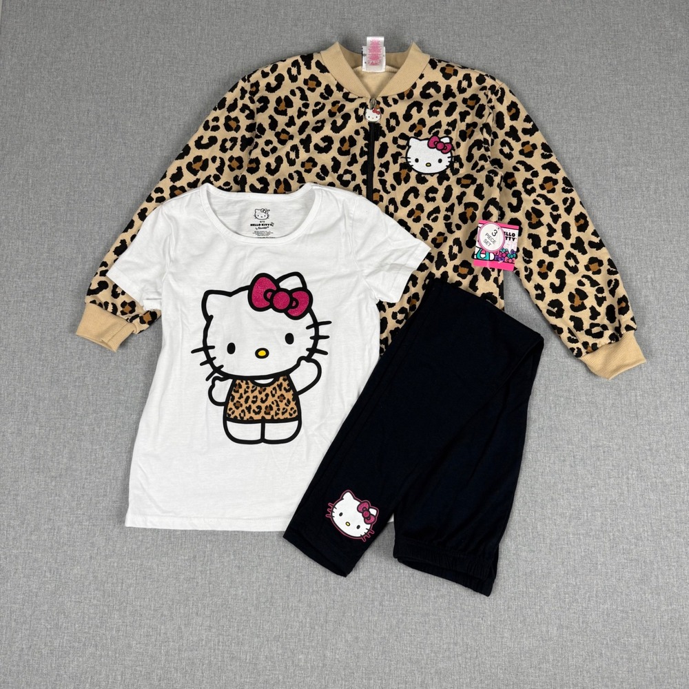 Hello Kitty Girls 3-Piece Leopard Outfit Set Jacket Tee Leggings Size 8/10